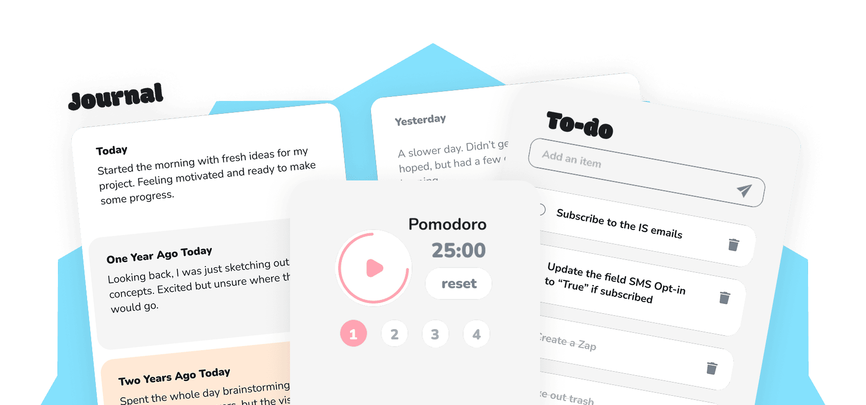 Web & Things free productivity app showing to-do list, Pomodoro timer, and journal interface — no setup required.